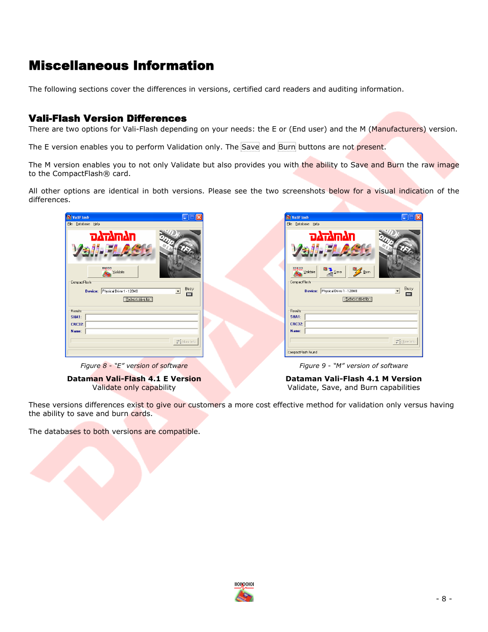 Miscellaneous information, Vali-flash version differences, Dataman vali-flash 4.1 e version | Lash, Ersion, Ifferences, Figure 8 - “e” version of software, Figure 9 - “m” version of software | Dataman Vali-Flash 4.1 User Manual | Page 8 / 20