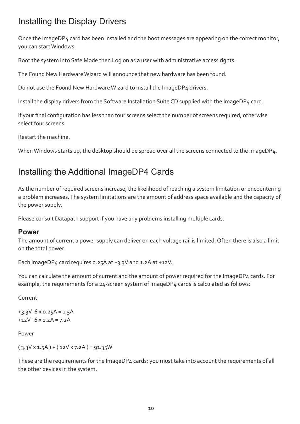 Installing the display drivers, Installing the additional imagedp4 cards | Datapath ImageDP4 User Manual | Page 10 / 22