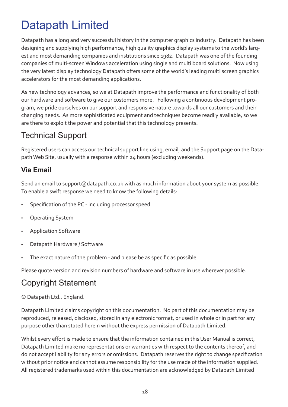 Datapath limited, Technical support, Copyright statement | Datapath ImageDP4 User Manual | Page 18 / 22