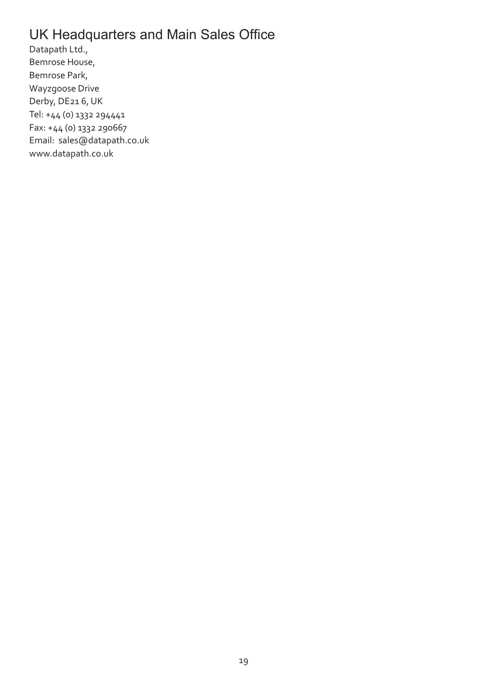 Uk headquarters and main sales office | Datapath ImageDP4 User Manual | Page 19 / 22
