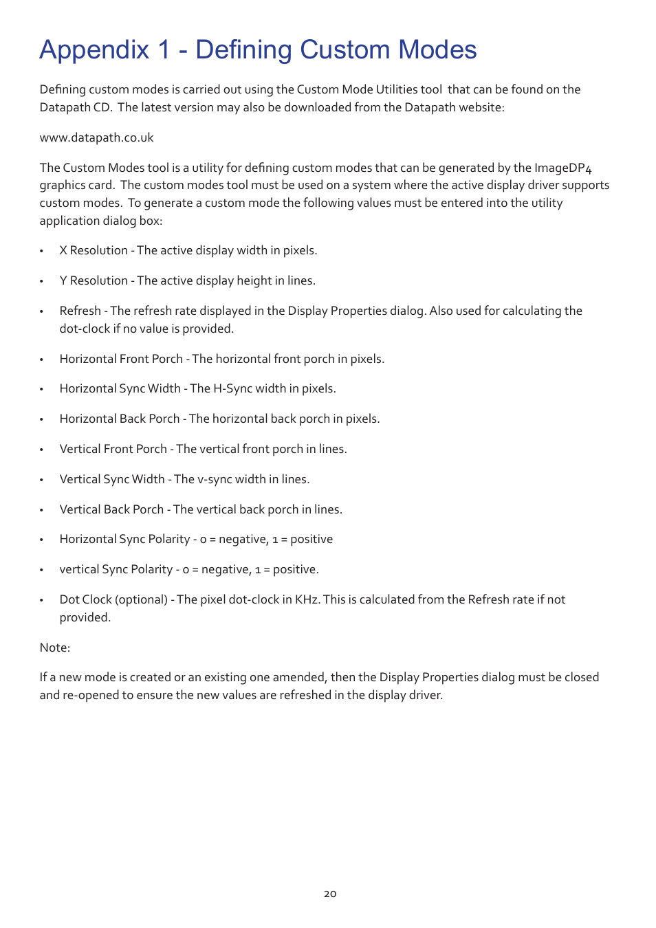Appendix 1 - defining custom modes | Datapath ImageDP4 User Manual | Page 20 / 22