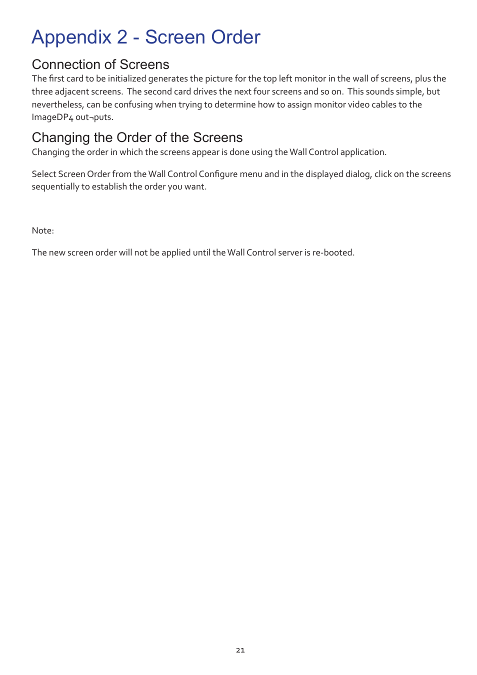 Appendix 2 - screen order, Connection of screens, Changing the order of the screens | Datapath ImageDP4 User Manual | Page 21 / 22