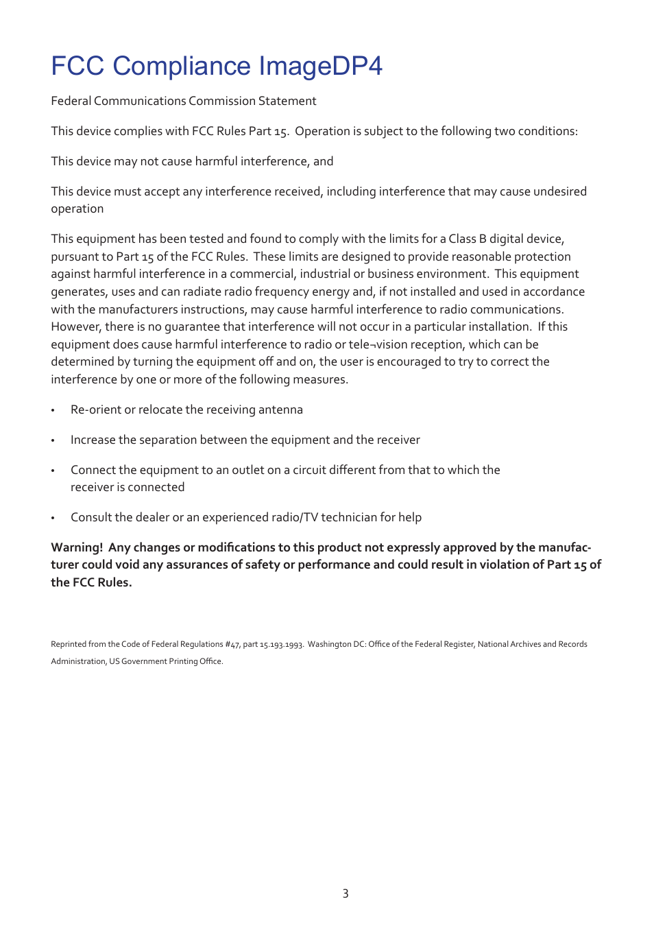 Fcc compliance imagedp4 | Datapath ImageDP4 User Manual | Page 3 / 22