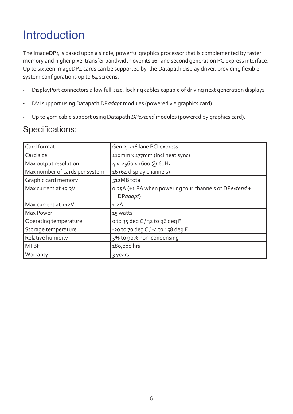 Introduction, Specifications | Datapath ImageDP4 User Manual | Page 6 / 22