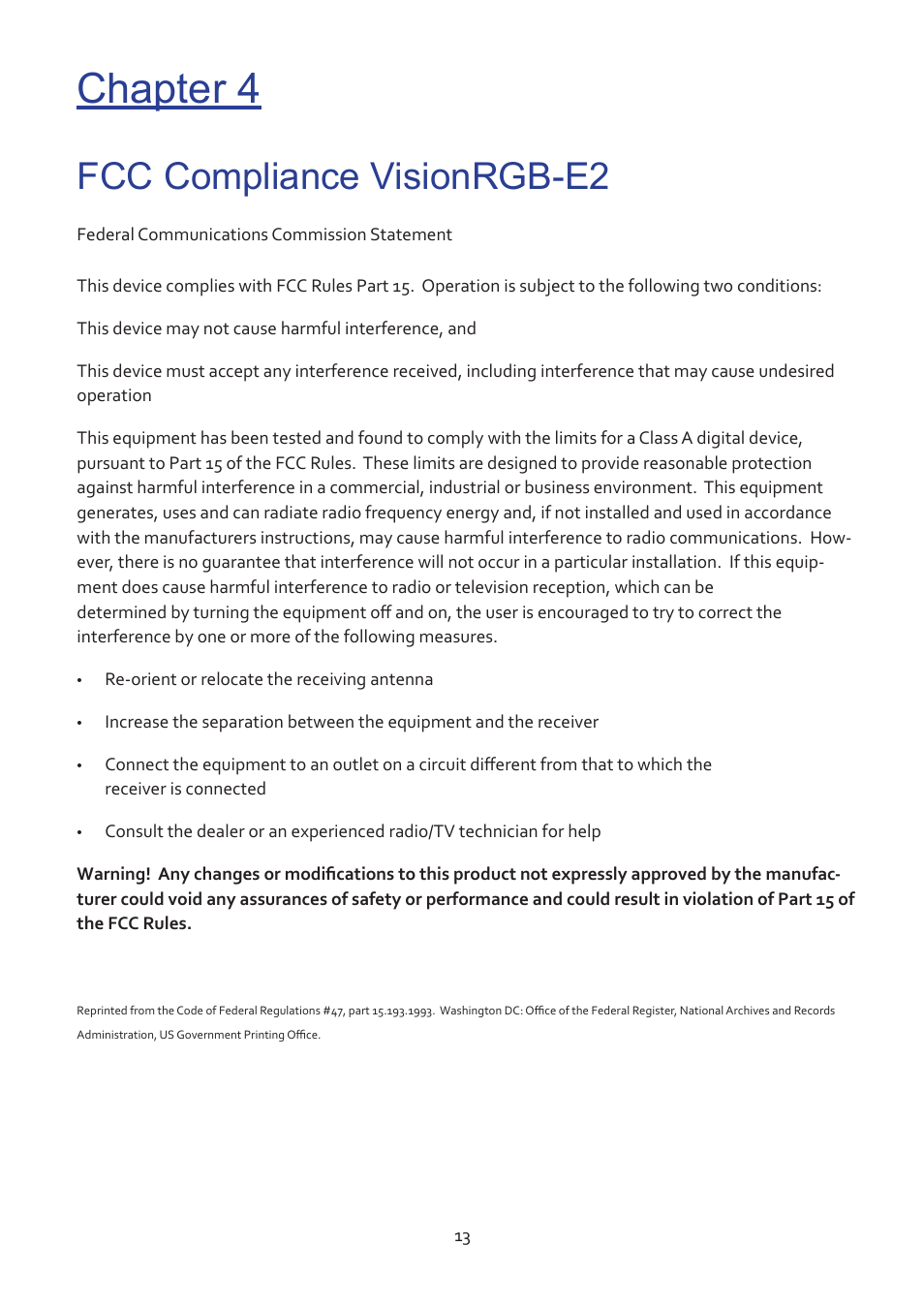 Chapter 4, Fcc compliance visionrgb-e2 | Datapath Vision User Manual | Page 15 / 70