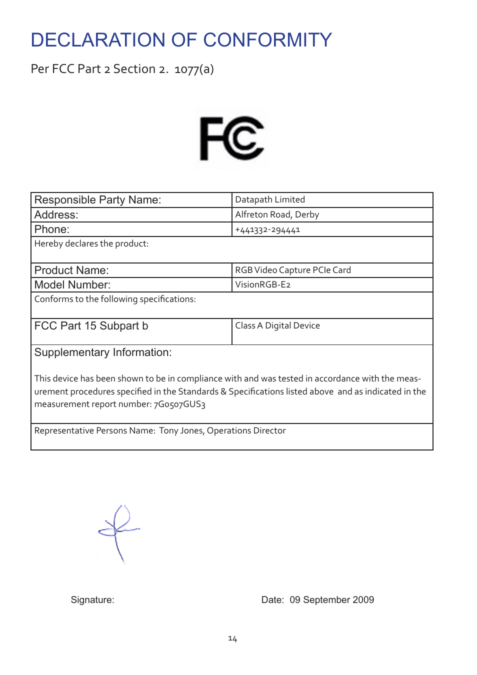 Declaration of conformity | Datapath Vision User Manual | Page 16 / 70