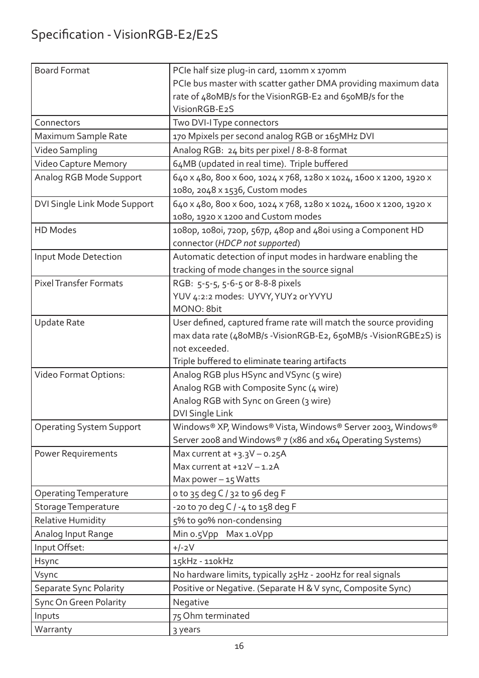 Specification - visionrgb-e2/e2s | Datapath Vision User Manual | Page 18 / 70