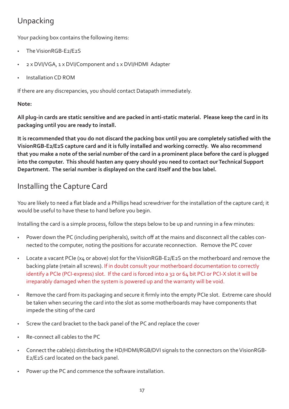 Unpacking, Installing the capture card | Datapath Vision User Manual | Page 19 / 70