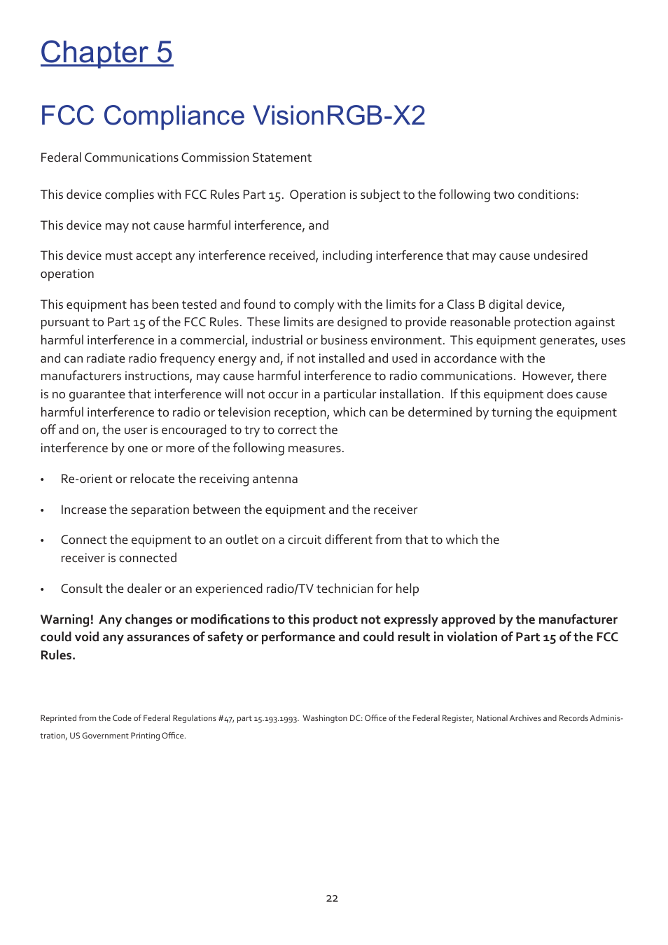 Chapter 5, Fcc compliance visionrgb-x2 | Datapath Vision User Manual | Page 24 / 70