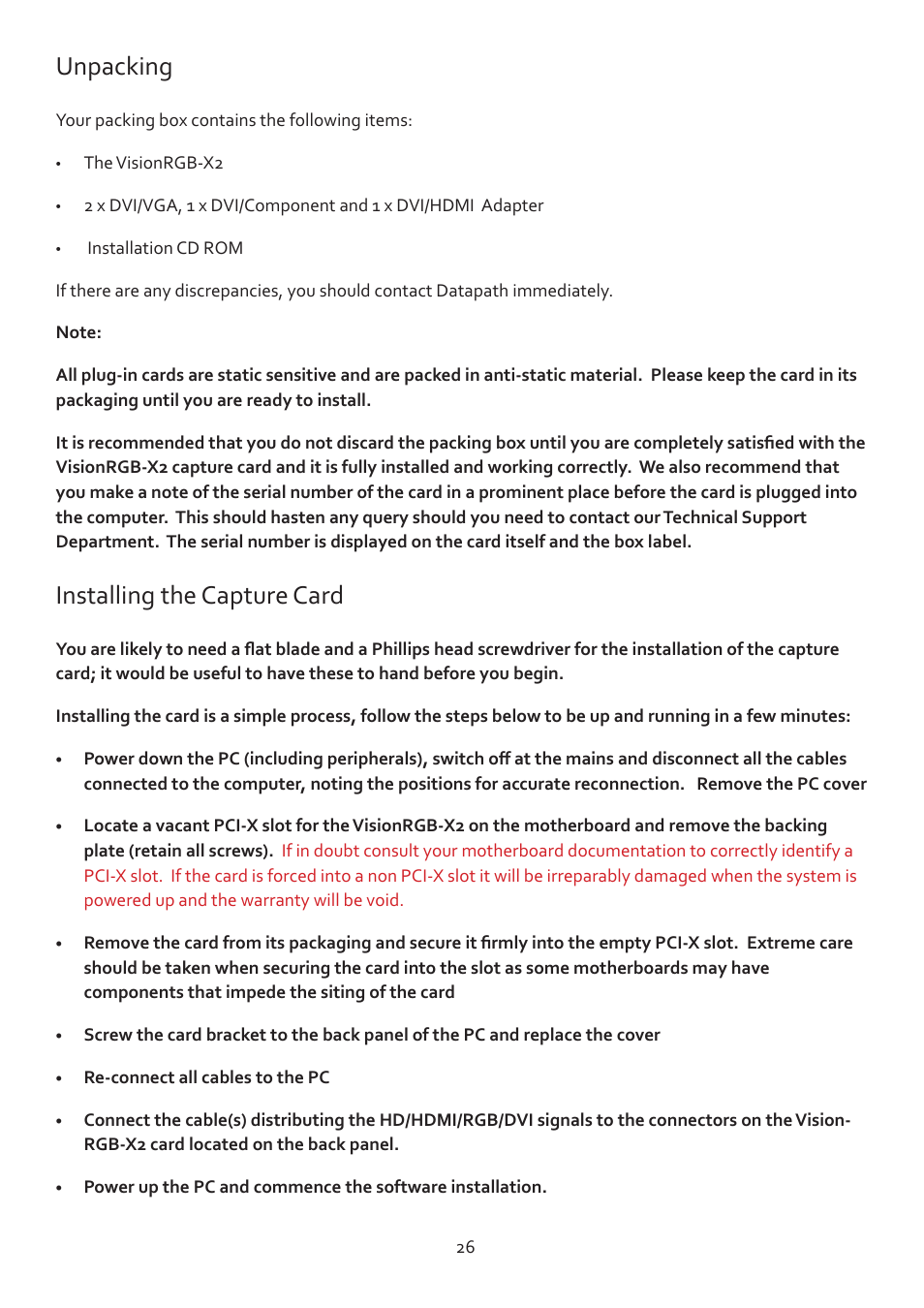 Unpacking, Installing the capture card | Datapath Vision User Manual | Page 28 / 70