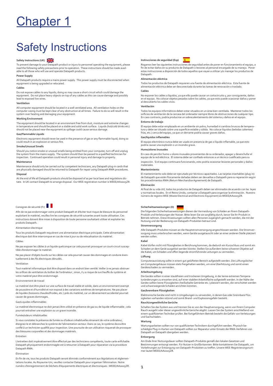 Chapter 1, Safety instructions | Datapath Vision User Manual | Page 3 / 70