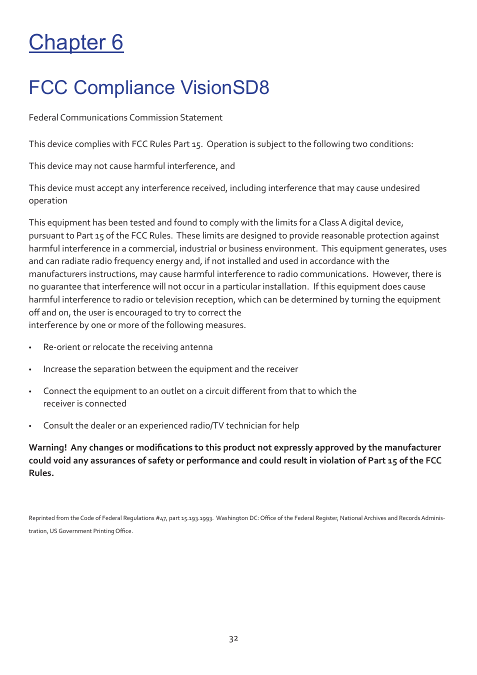 Chapter 6, Fcc compliance visionsd8 | Datapath Vision User Manual | Page 34 / 70