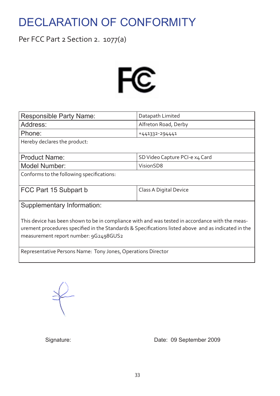 Declaration of conformity | Datapath Vision User Manual | Page 35 / 70
