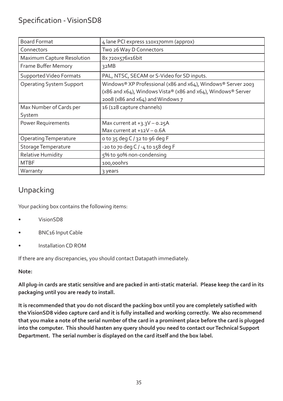 Specification - visionsd8, Unpacking | Datapath Vision User Manual | Page 37 / 70