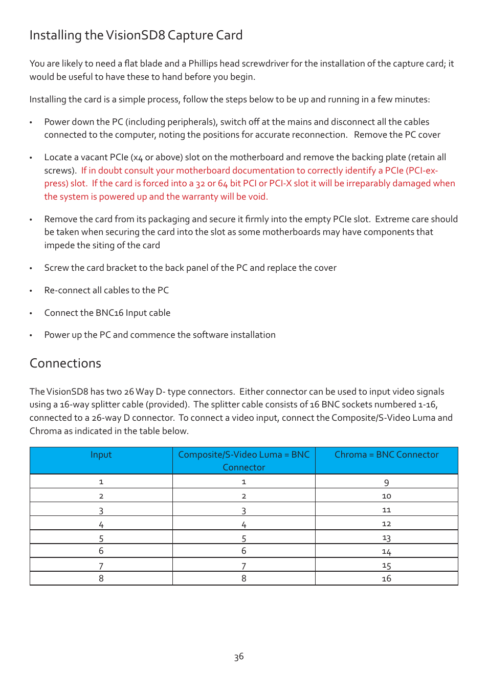 Installing the visionsd8 capture card, Connections | Datapath Vision User Manual | Page 38 / 70