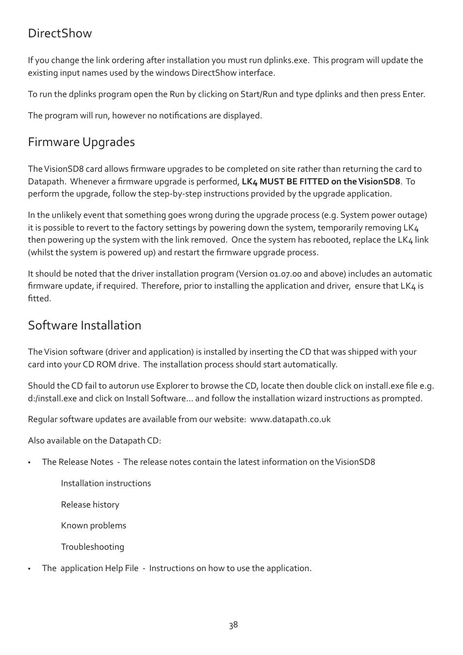 Directshow, Firmware upgrades, Software installation | Datapath Vision User Manual | Page 40 / 70