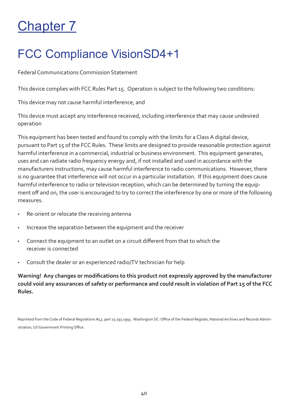 Chapter 7, Fcc compliance visionsd4+1 | Datapath Vision User Manual | Page 42 / 70