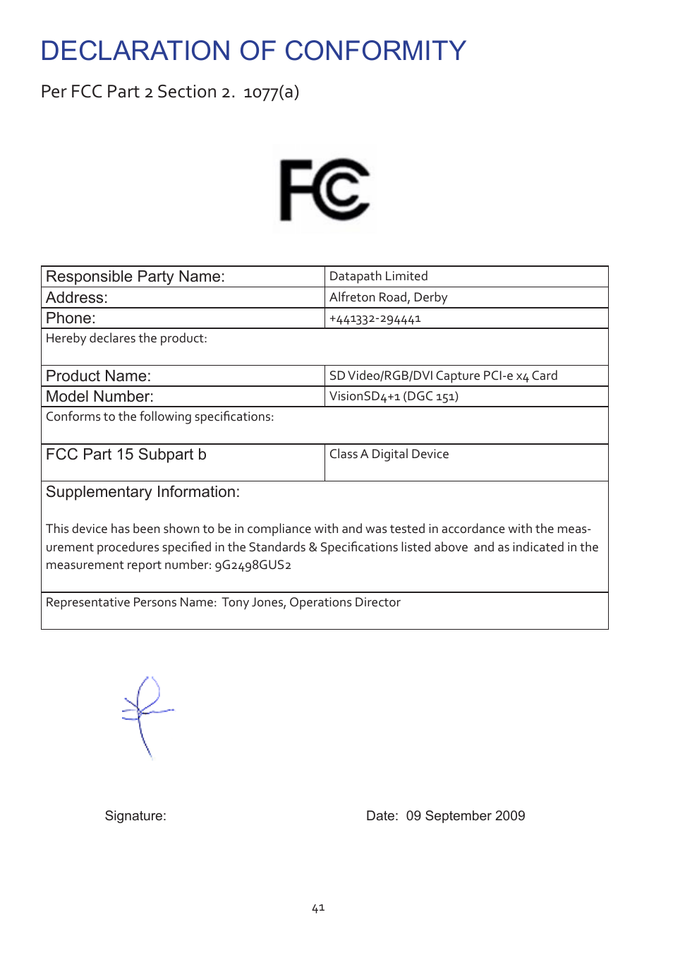 Declaration of conformity | Datapath Vision User Manual | Page 43 / 70