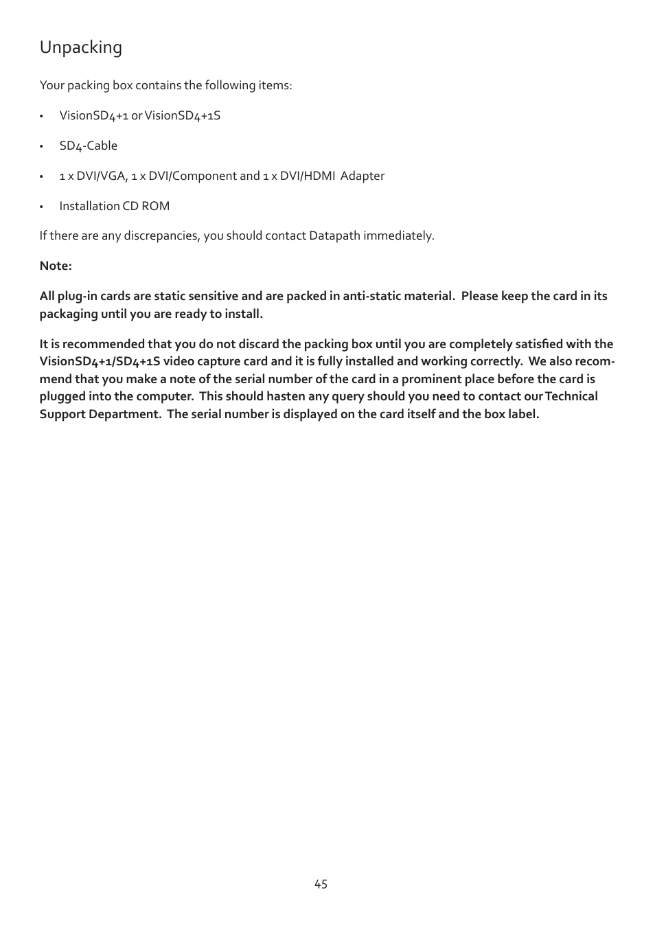 Unpacking | Datapath Vision User Manual | Page 47 / 70