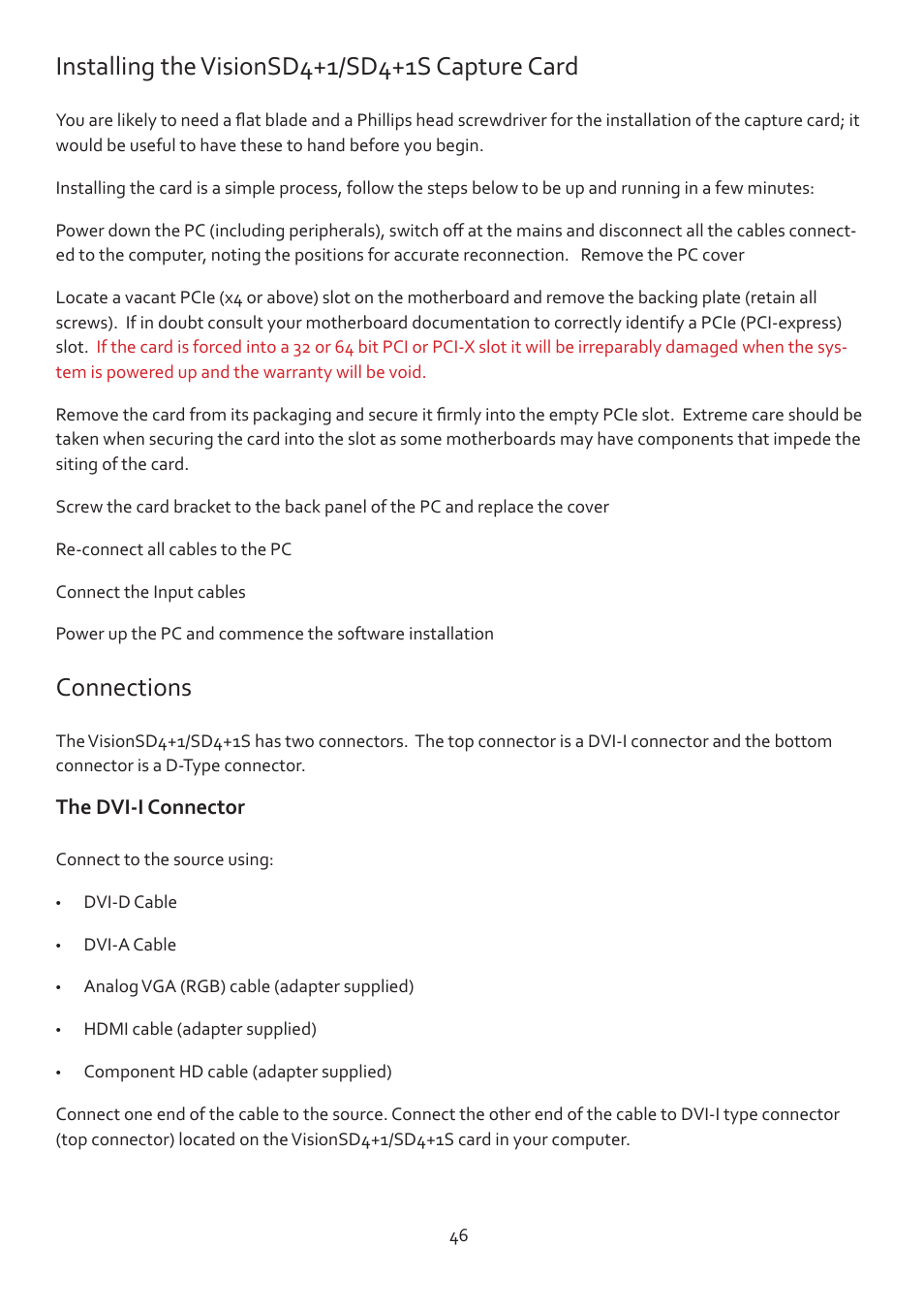 Installing the visionsd4+1/sd4+1s capture card, Connections | Datapath Vision User Manual | Page 48 / 70