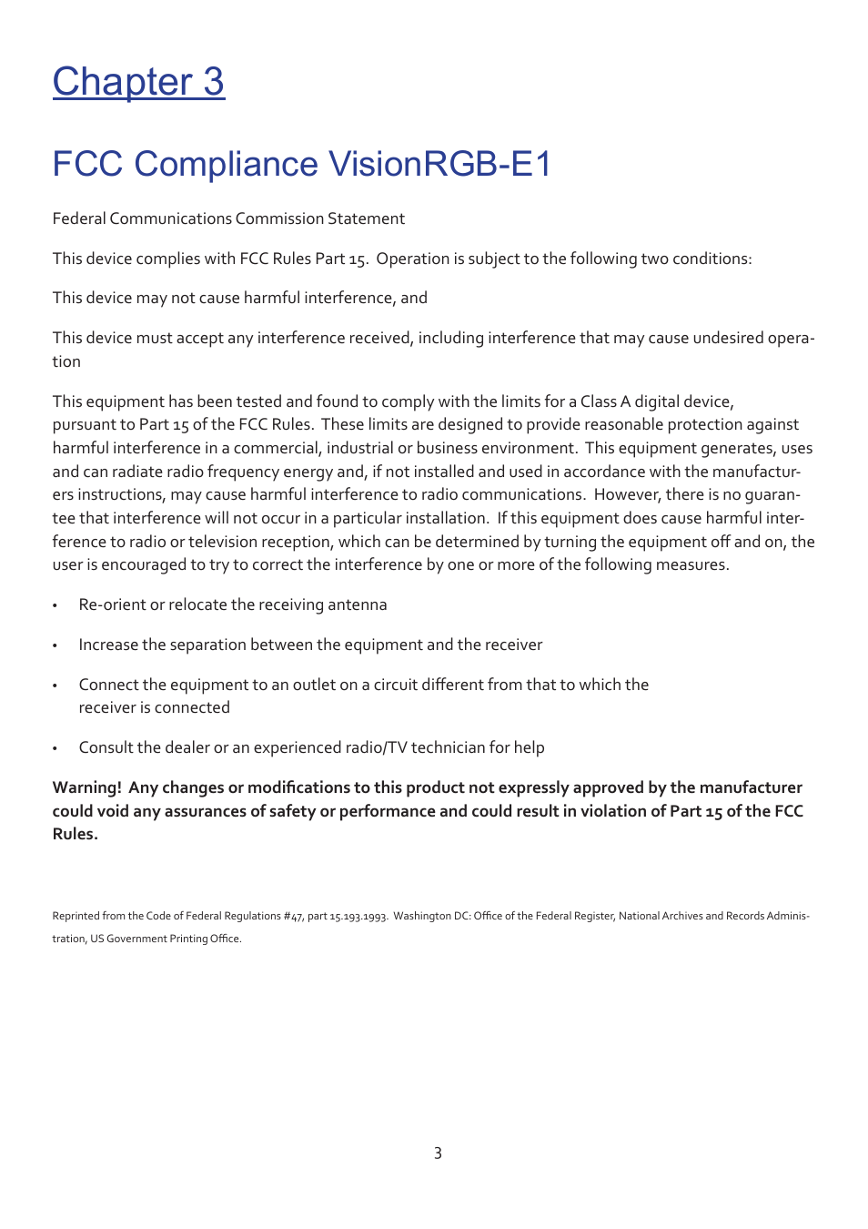 Chapter 3, Fcc compliance visionrgb-e1 | Datapath Vision User Manual | Page 5 / 70