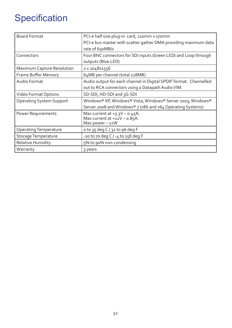Specification | Datapath Vision User Manual | Page 54 / 70
