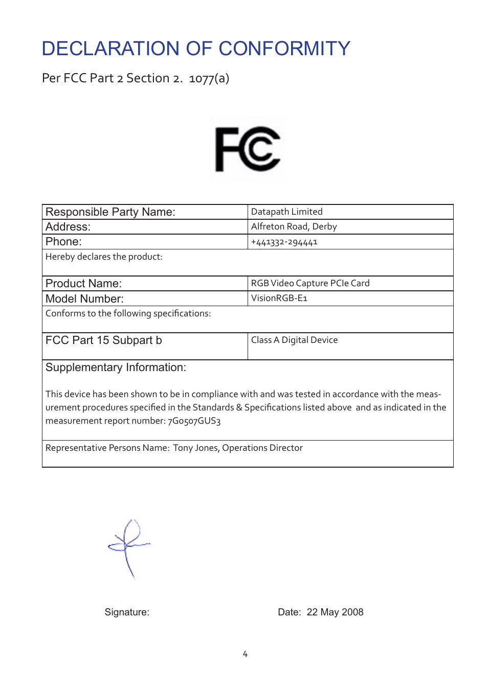 Declaration of conformity | Datapath Vision User Manual | Page 6 / 70