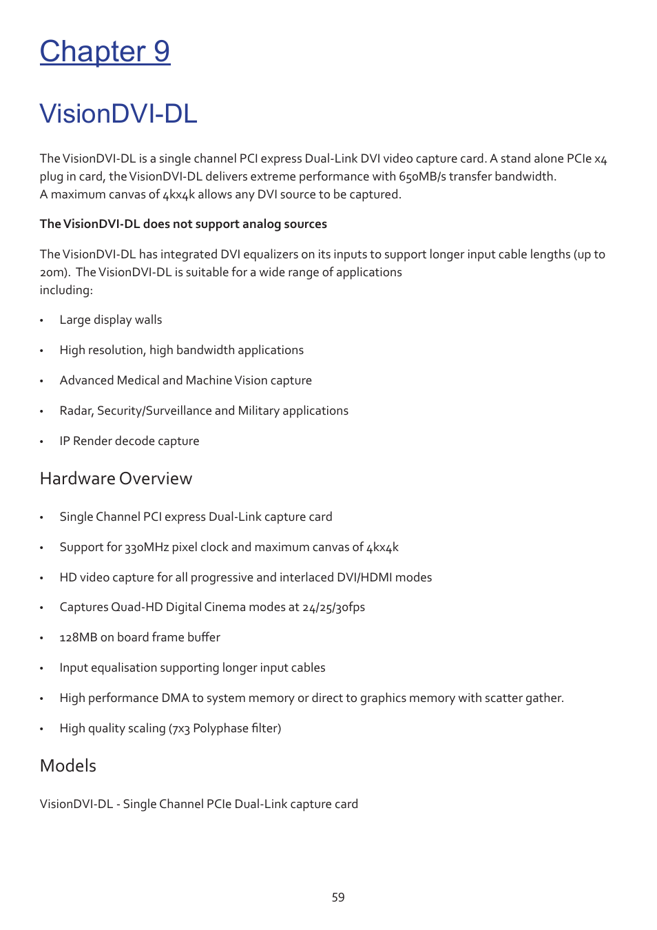 Chapter 9, Visiondvi-dl, Hardware overview | Models | Datapath Vision User Manual | Page 61 / 70