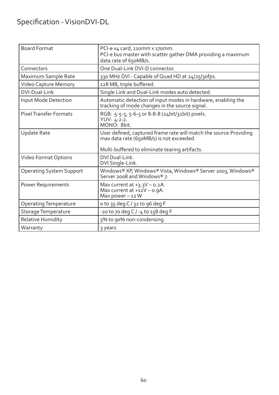 Specification - visiondvi-dl | Datapath Vision User Manual | Page 62 / 70
