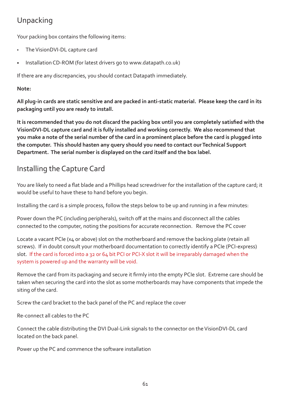 Unpacking, Installing the capture card | Datapath Vision User Manual | Page 63 / 70