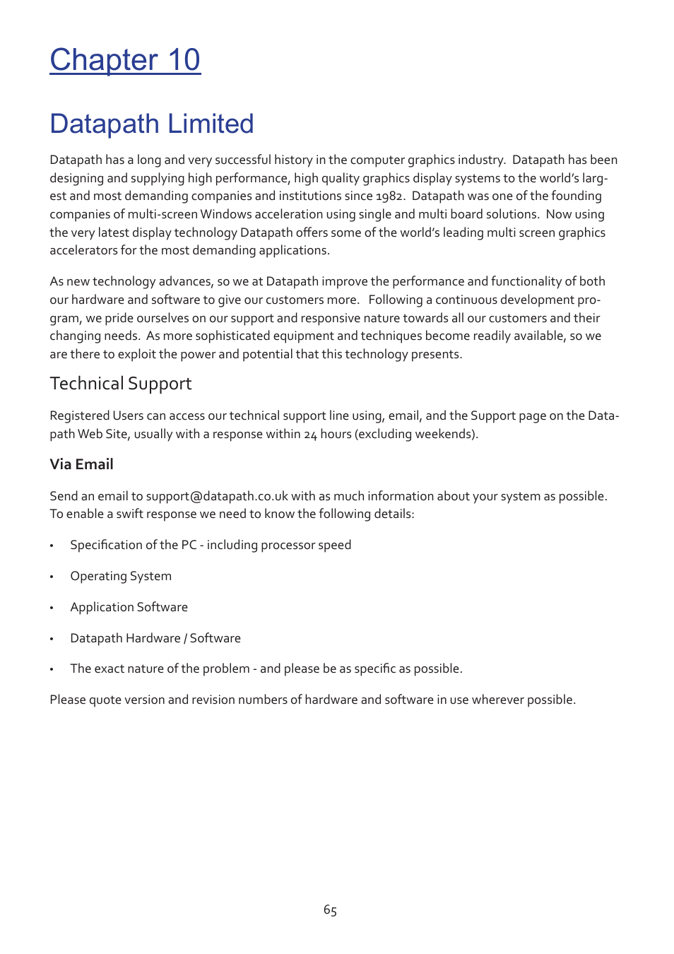 Chapter 10, Datapath limited, Technical support | Datapath Vision User Manual | Page 67 / 70