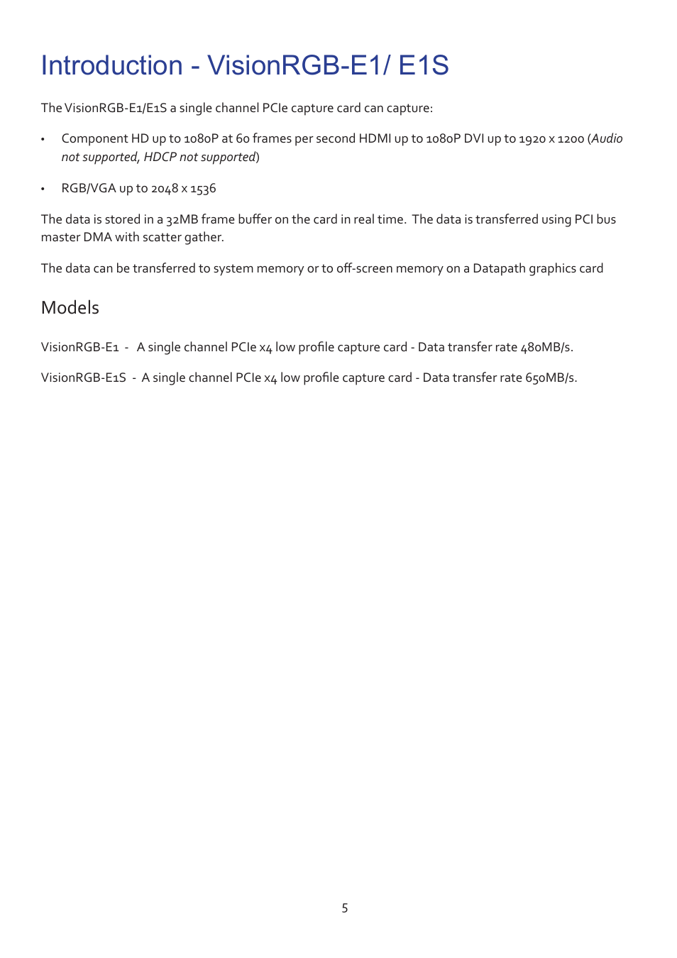 Introduction - visionrgb-e1/ e1s, Models | Datapath Vision User Manual | Page 7 / 70