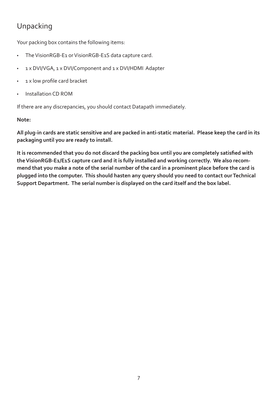 Unpacking | Datapath Vision User Manual | Page 9 / 70