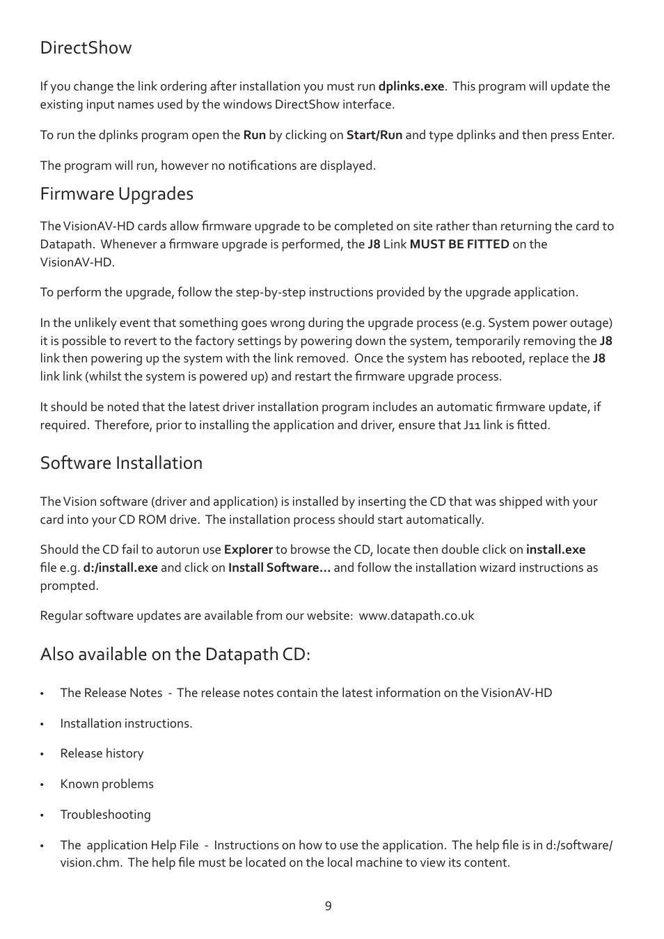 Directshow, Firmware upgrades, Software installation | Also available on the datapath cd | Datapath VisionAV-HD User Manual | Page 10 / 15