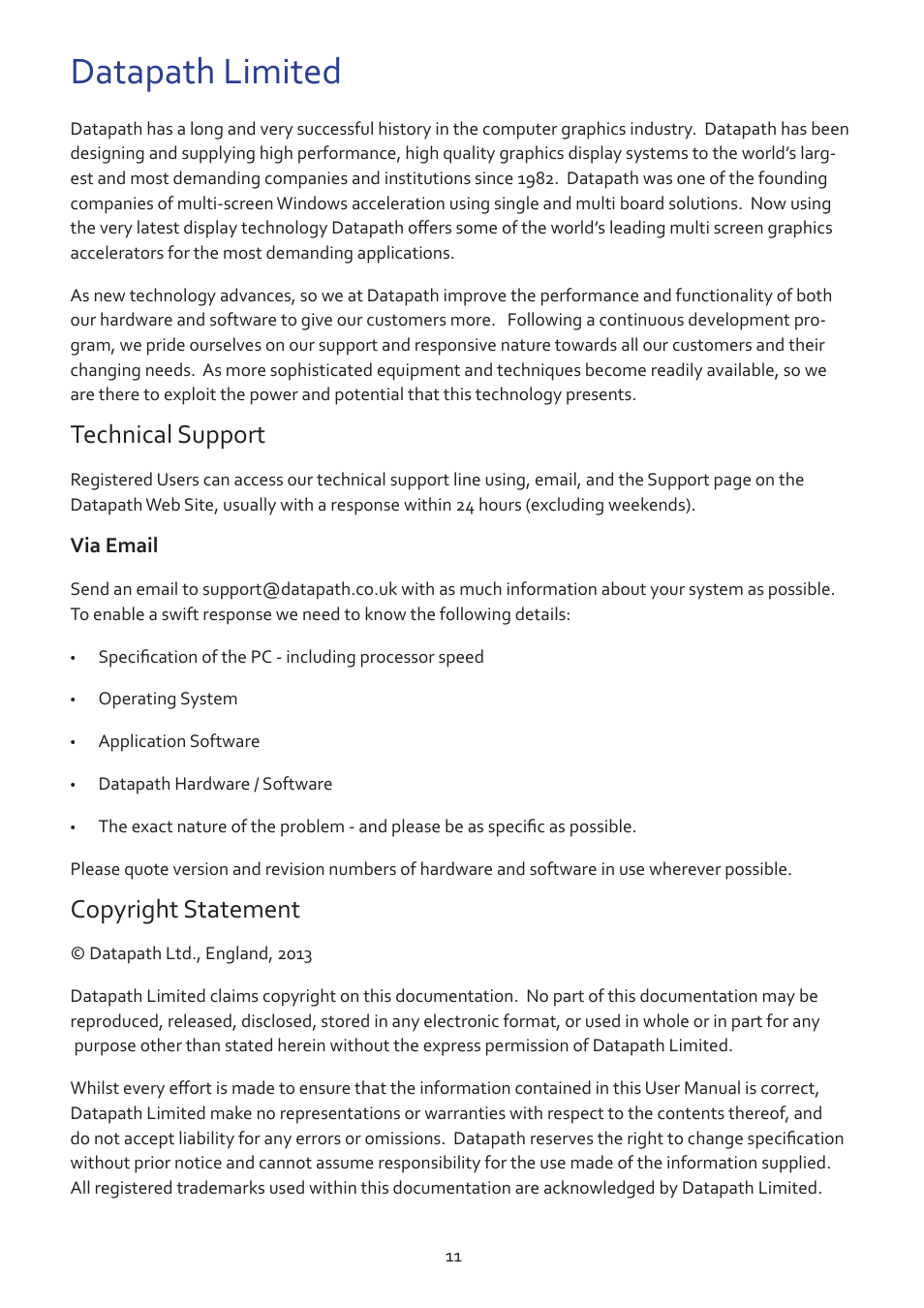 Datapath limited, Technical support, Copyright statement | Datapath VisionAV-HD User Manual | Page 12 / 15