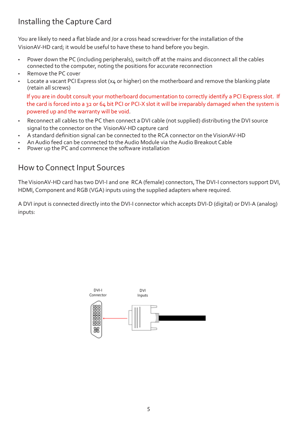 Installing the capture card, How to connect input sources | Datapath VisionAV-HD User Manual | Page 6 / 15