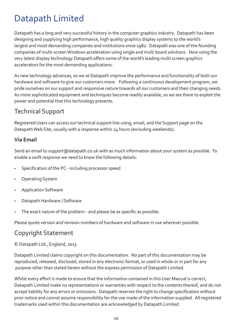 Datapath limited, Technical support, Copyright statement | Datapath VisionHD4 User Manual | Page 11 / 13
