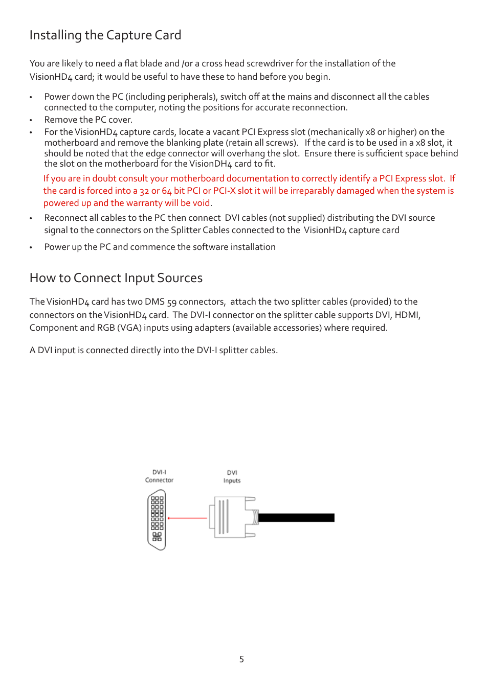 Installing the capture card, How to connect input sources | Datapath VisionHD4 User Manual | Page 6 / 13