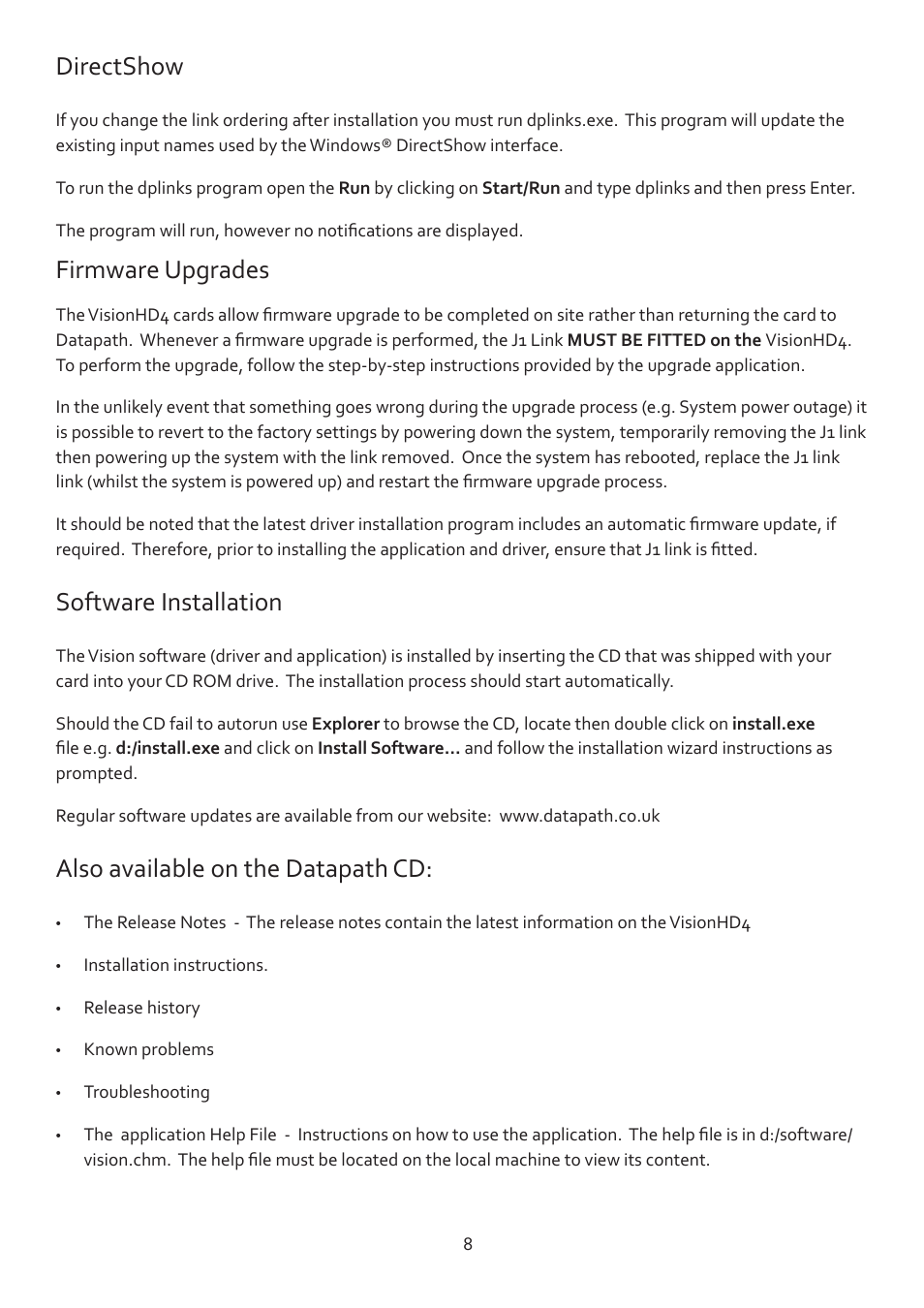 Directshow, Firmware upgrades, Software installation | Also available on the datapath cd | Datapath VisionHD4 User Manual | Page 9 / 13