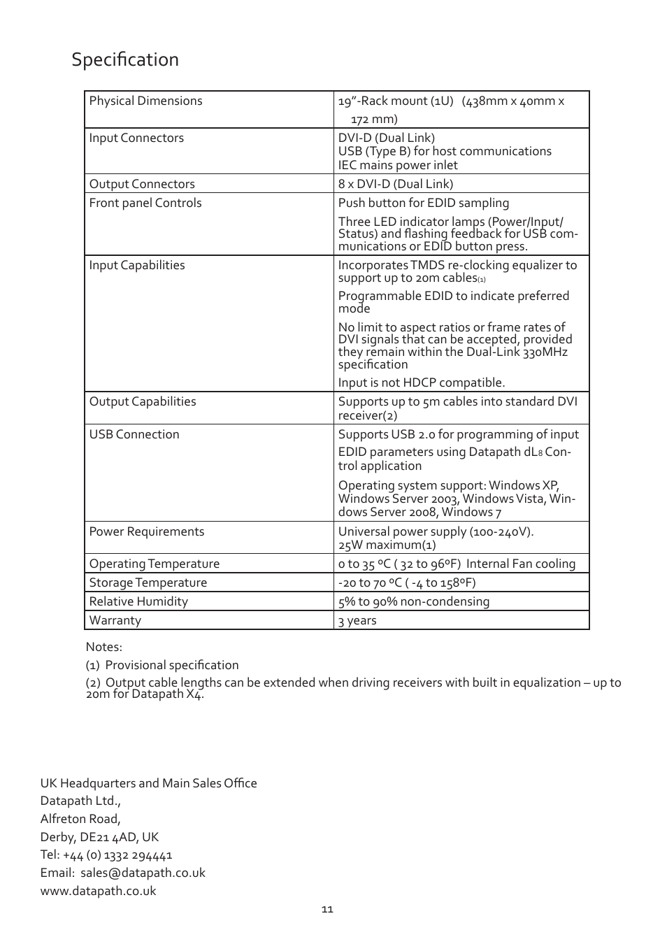 Specification | Datapath dL8 User Manual | Page 11 / 11
