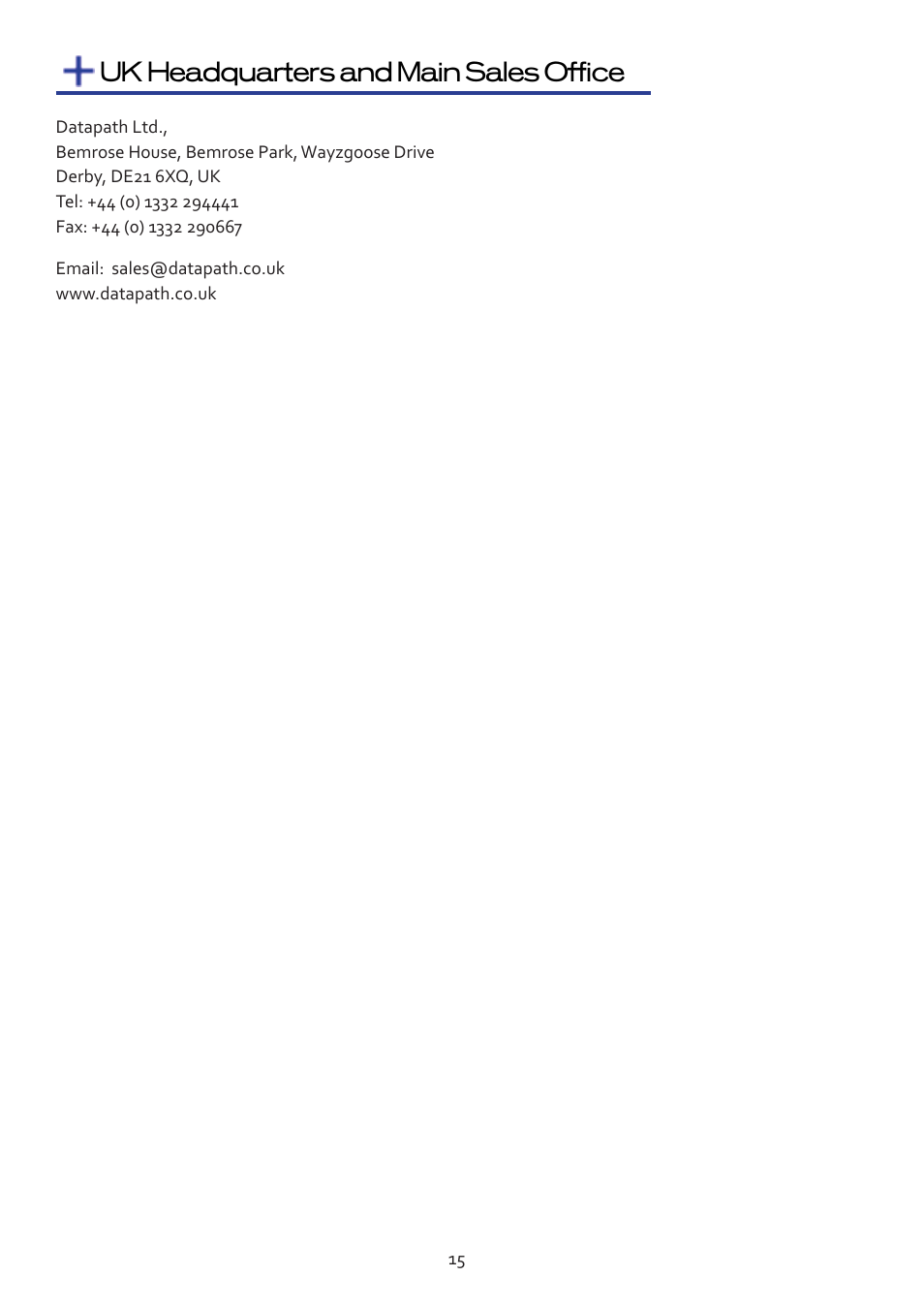 Uk headquarters and main sales office | Datapath VSN450 User Manual | Page 15 / 16