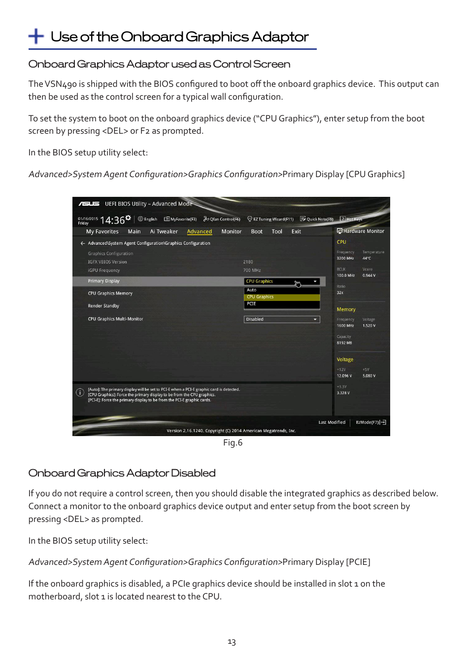 Use of the onboard graphics adaptor | Datapath VSN490 User Manual | Page 13 / 19