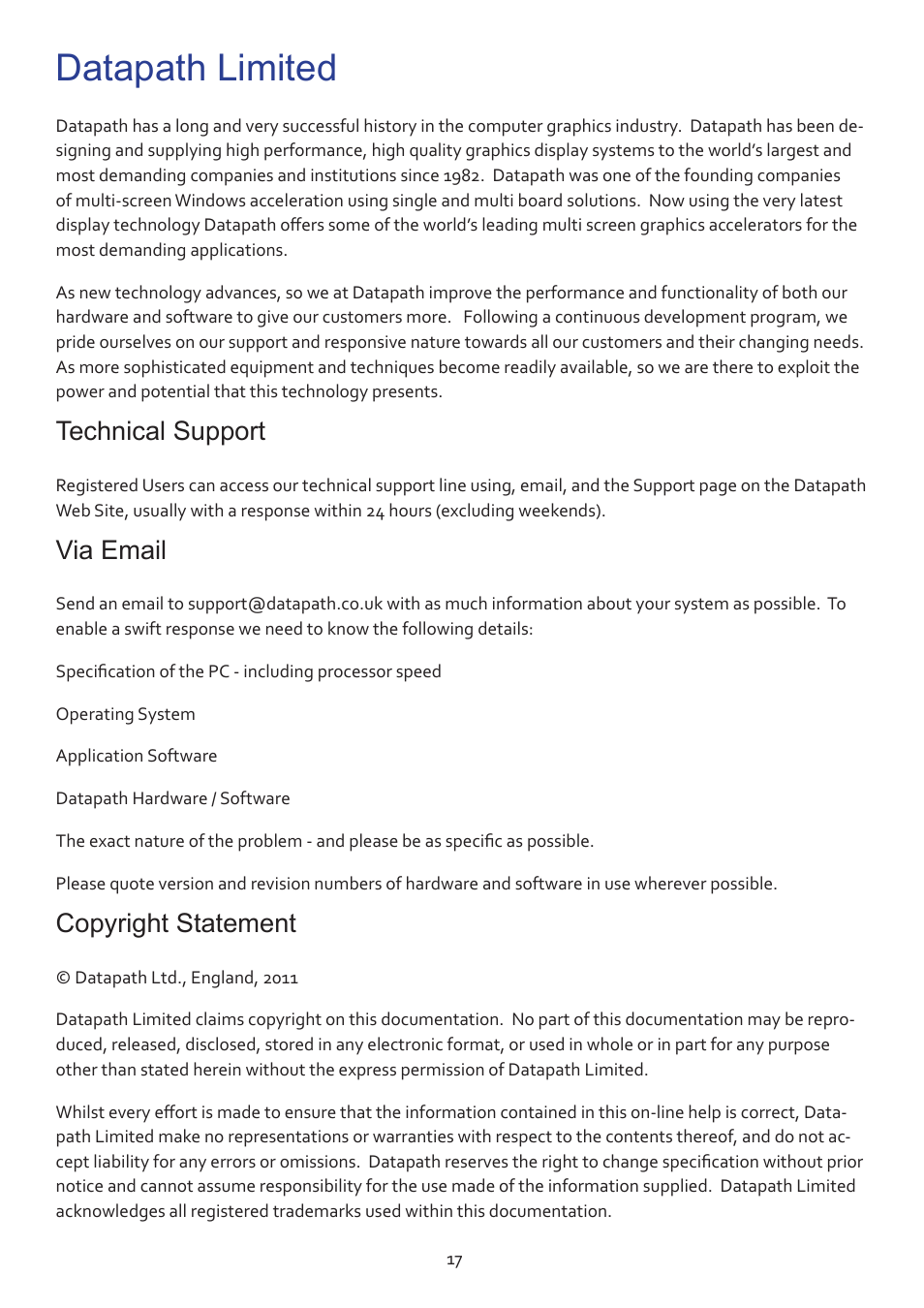 Datapath limited, Technical support, Via email | Copyright statement | Datapath VSN890 User Manual | Page 17 / 20