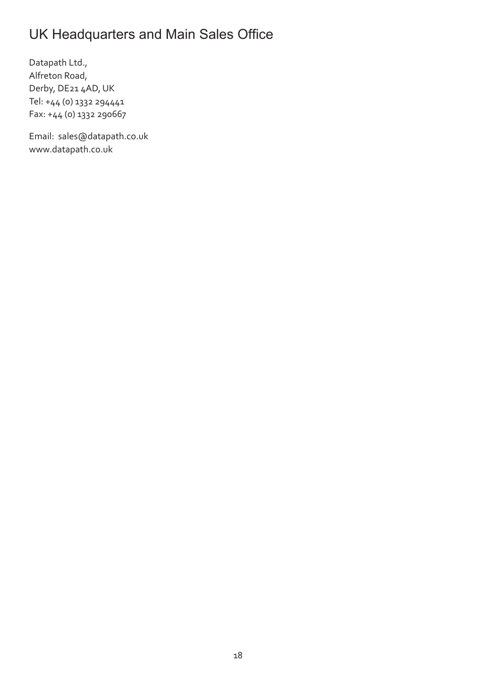 Uk headquarters and main sales office | Datapath VSN890 User Manual | Page 18 / 20