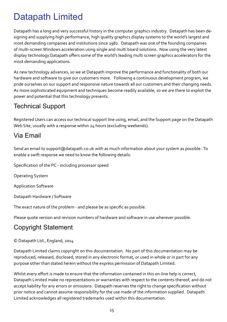 Datapath limited, Technical support, Via email | Copyright statement | Datapath VSN970 User Manual | Page 15 / 17