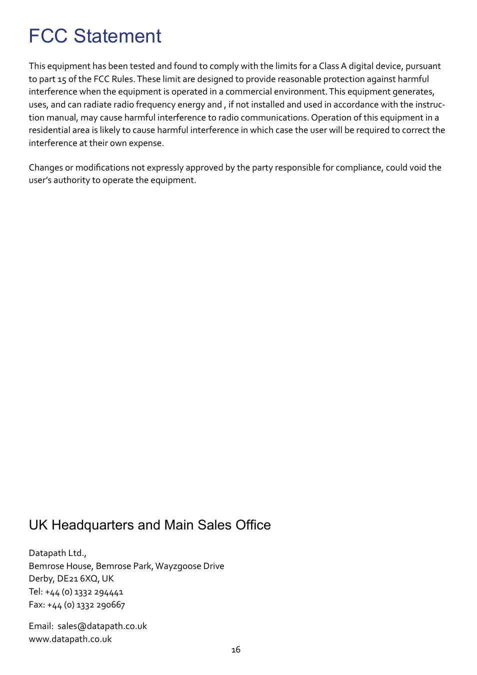 Fcc statement, Uk headquarters and main sales office | Datapath VSN970 User Manual | Page 16 / 17