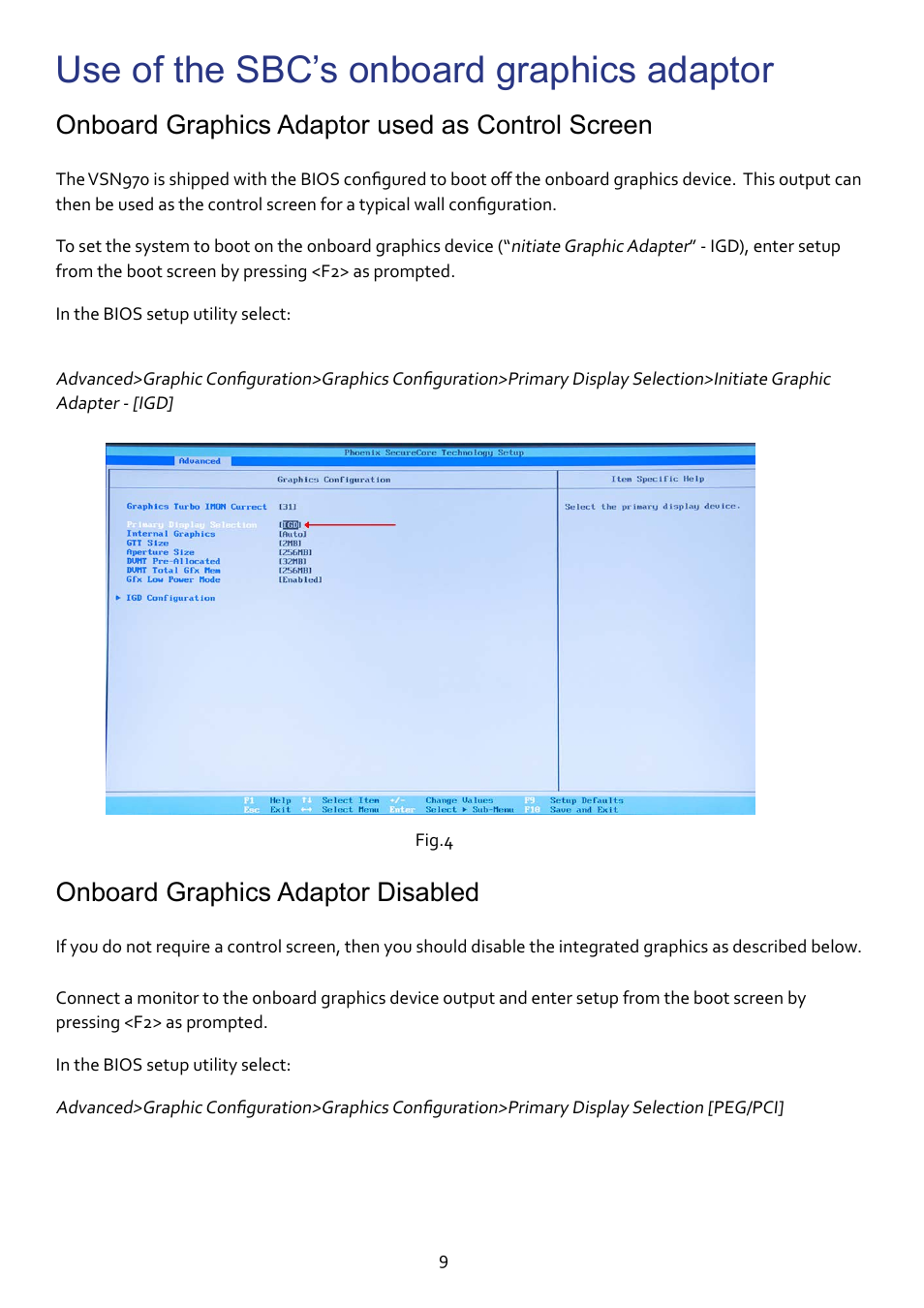 Use of the sbc’s onboard graphics adaptor, Onboard graphics adaptor used as control screen, Onboard graphics adaptor disabled | Datapath VSN970 User Manual | Page 9 / 17