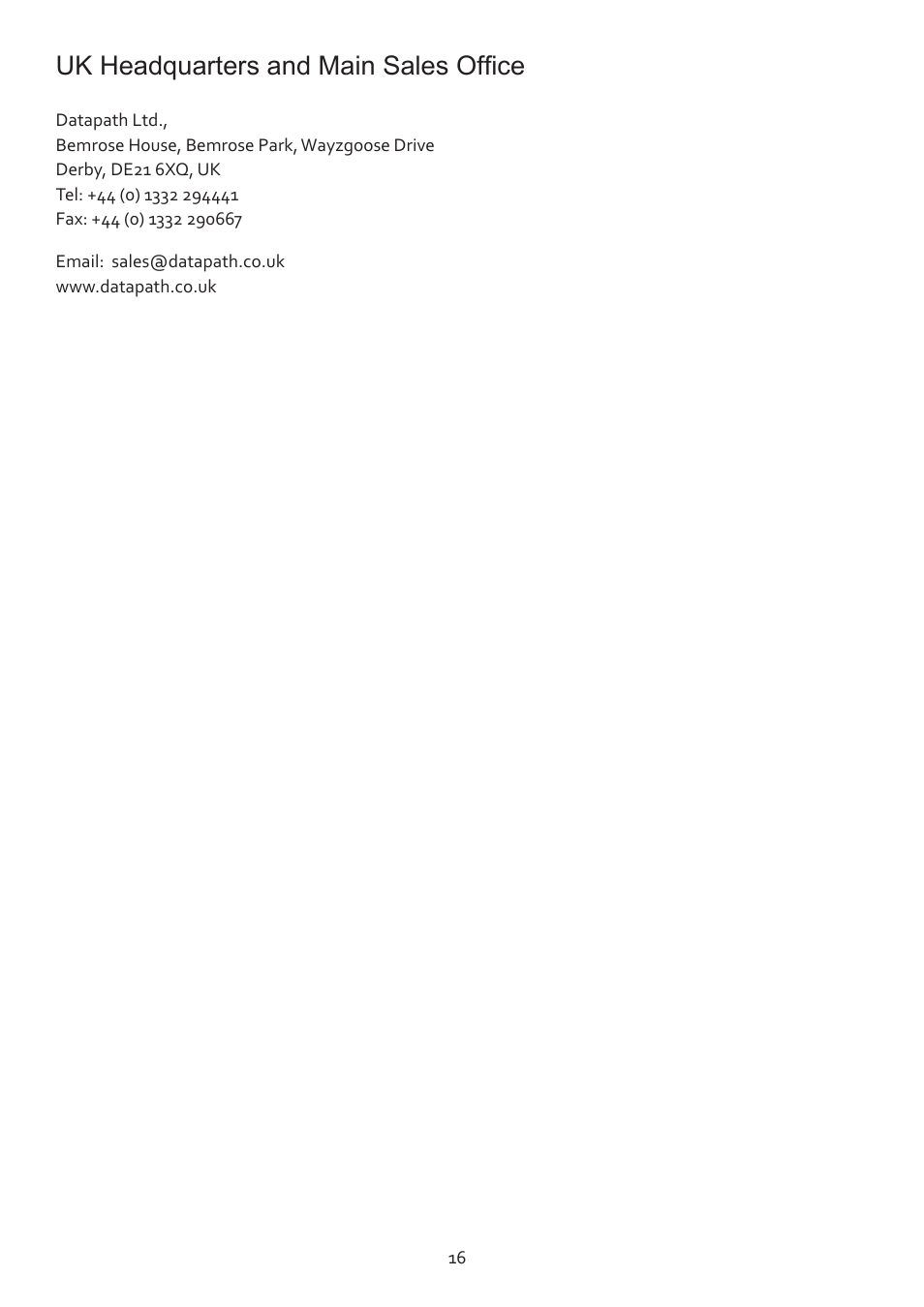 Uk headquarters and main sales office | Datapath VSN990 User Manual | Page 16 / 17