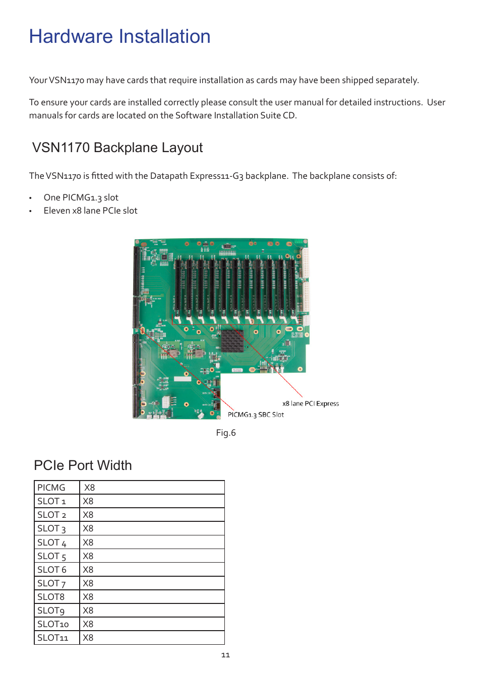 Hardware installation, Vsn1170 backplane layout, Pcie port width | Datapath VSN1170 User Manual | Page 11 / 17