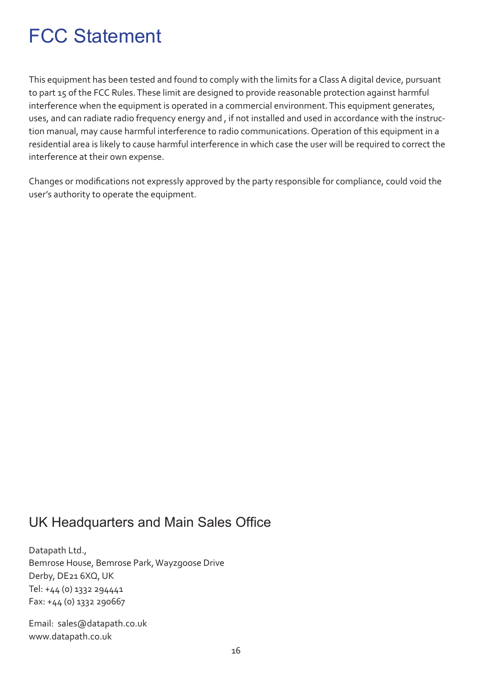 Fcc statement, Uk headquarters and main sales office | Datapath VSN1170 User Manual | Page 16 / 17